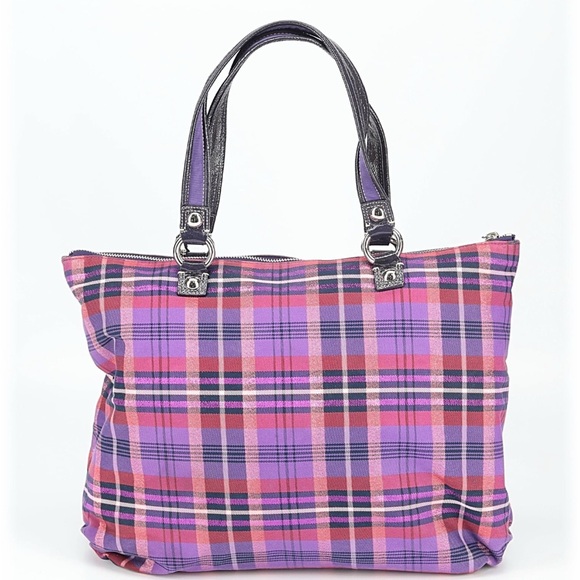 Coach Limited Edition Poppy Tartan Berry Plaid Large Glam Tote Bag - Picture 3 of 14